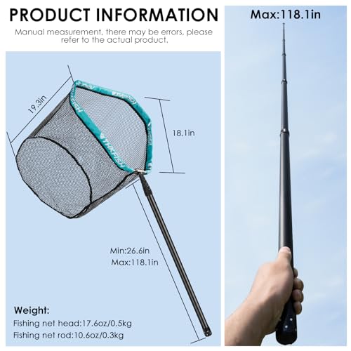 THKFISH Carbon Fiber Fishing Net - Long Handle, Portable Telescopic Landing Net - 27 to 157.5 Inch - Aluminum Mesh Frame Rubber Coated - size: 118” Telescopic Handle/19.7” Hoop Size
