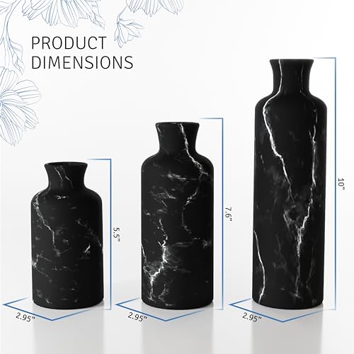 Creative Scents Black Marble Look 3pc Vase Set – Boho Vases for Decor, Modern Vases for Holding Pampas Grass, Dried/Fresh Flowers, Vases for Living Room - Kitchen, Bedroom, Office, Shelf Decor - color: Matte Black Marble Look