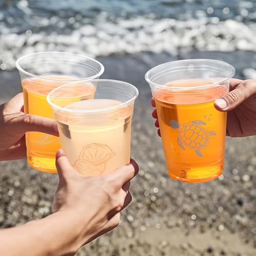 Qinyoung 100 Pcs Ocean Party Disposable Cups 12 oz Clear Plastic Cups with Sea Pattern Ocean Party Supplies for Sea Birthday Decoration Supplies(Seaside) - style: Seaside