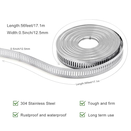 Hose Clamps, DIY 56 FT Metal Strap + 24 Fasteners, Hose Clamps Stainless Steel, Large Adjustable Hose Clamp Pipe Clamp for Pipe Automotive Mechanical Applications - size: 56 FT Metal Strap + 24 Fasteners