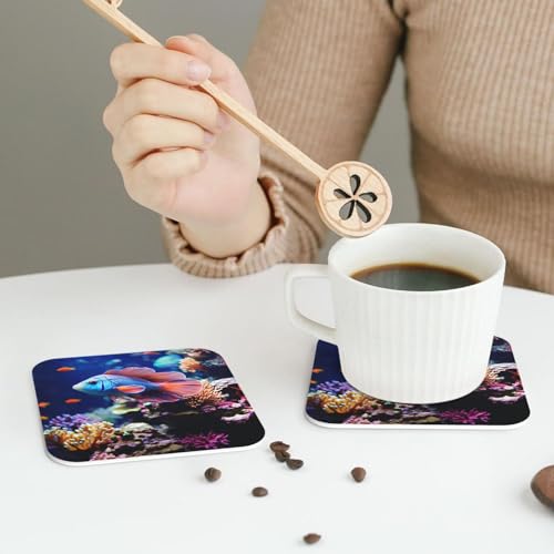 Drink Coasters Set of 4 Leather Coasters for Drinks Coral Reef Fish Aquarium Round Cup Mat Pad Easy Clean Bar Coasters Heat Resistant Funny Cup Coasters for Tabletop Protection,4 Inches - color: Square