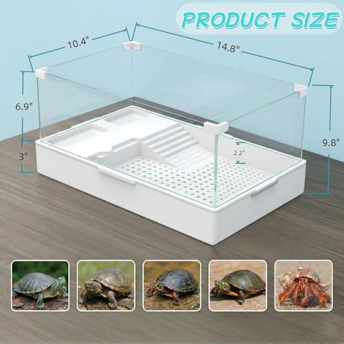 Small Turtle Starter Kit with Integrated Pump, Basking Light, Clear Acrylic 3-Layer Easy Cleaning Turtle Tank Aquarium for Small Reptiles - size: M+Light+Water Pump