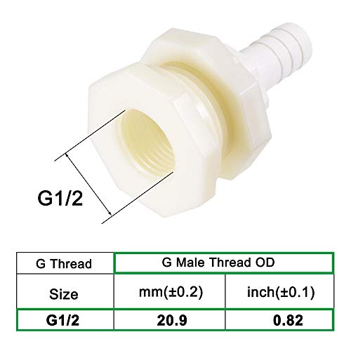 uxcell Bulkhead Fitting Adapter 12mm Barbed x G1/2 Female ABS White for Aquariums, Water Tanks, Tubs, Pools - size: G1/2