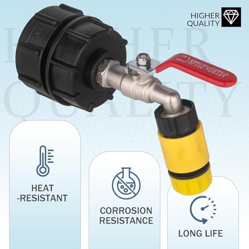 IBC Tote Hose Adapter 275-330 Gallon IBC Tote Water Tank Fittings 1/2" Male NPT×3/4" Male GHT Lead-Free Compliant Brass Water Valve with 3 Adapter+ Garden Hose Quick Connector（Nickel Plating） - color: Long handle Valve