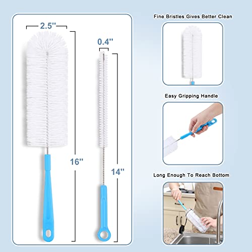 16" Bottle Brush Cleaner for Water Bottle - Long Handle Bottle Brush for Cleaning Narrow Neck Sport Bottles,Beer Bottle and Jugs, Set of 2