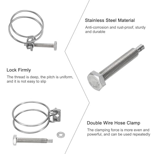 uxcell 10Pcs Double Wire Hose Clamp, 43-48mm Adjustable Stainless Steel Wire Hose Clips with M8 Bolt for Dust Collection Hose, Pump Hose Pipe - size: 43-48mm