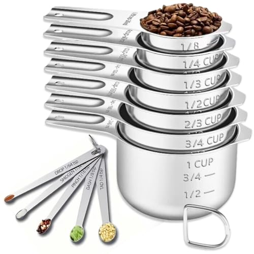 12PCS Measuring Cups and Spoons Set, 7 Stainless Steel Nesting Measuring Cups & 5 Mini Measuring Spoons for Cooking Baking, Dry and Liquid Ingredients Measurement - size: 12PCS Set