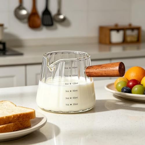 6 oz Espresso Cups - Glass Measuring Cups with Spout - Ribbed Small Creamer Pitcher- Expresso Shots Cup with Wood Handle for Coffee Milk, Dishwasher Safe (Transparent, 2 pack) - color: Transparent, size: 2 pack