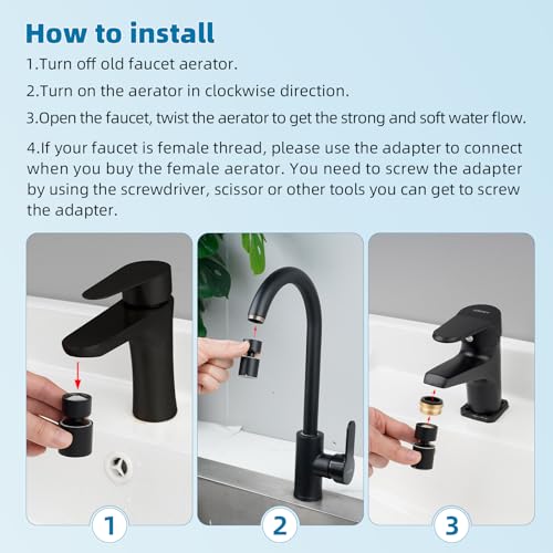 Hibbent NSF/ANSI/CAN 61 Certified Faucet Aerator, CUPC Certification 360° Swivel Kitchen Sink Aerator, 2-Flow Sink Sprayer Attachement, Faucet Replacement Part 55/64 Inch Female Thread - Matte Black - color: Matte Black, style: Classic 360 Degree Faucet A