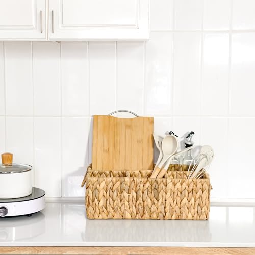 KOKODO Divided Storage Basket Woven Natural Basket Hyacinth for Organizing Bathroom Kitchen Shelves Office Supplies Organization Everyday Wicker Storage Baskets 4 Section Rectangular Tray - color: Divided 4-section