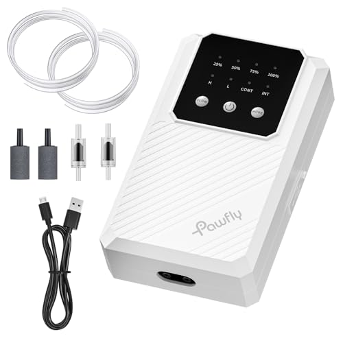 Pawfly Aquarium Air Pump, 64 GPH Rechargeable Fish Tank Air Pump for Tank Up to 65 Gallons, Ultra Quiet Adjustable Oxygen Pump with Airline Tubing, Air Stone & Check Valve, Aerator for Fish