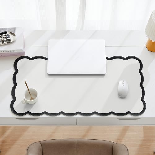 Scalloped Desk Mat, 31.5" x 15.7" Large Cute Aesthetic Desk Accessories, PU Leather Computer Laptop Desk Mouse Keyboard Pad, Desk Writing Mat for Vanity/Work/Home Decor (Black, 31.5" x 15.7") - color: Black, size: 31.5" x 15.7"
