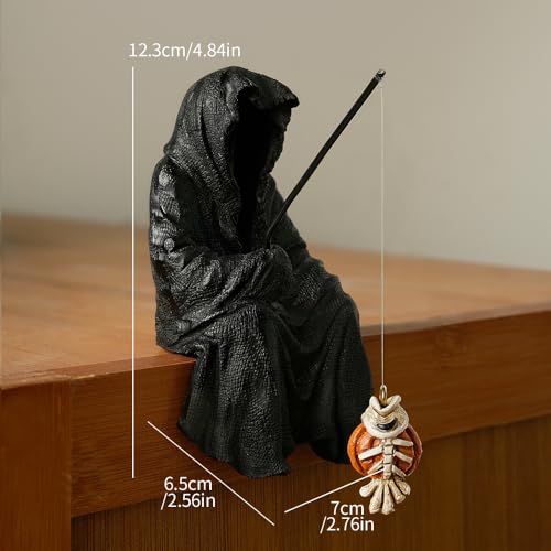Fishing Sitting Statue Gothic Robe, Halloween Fish Tank Decor, Halloween Statue for Outdoor Garden Yard Lawn Shelf Table and Desktop (Black) - color: Black