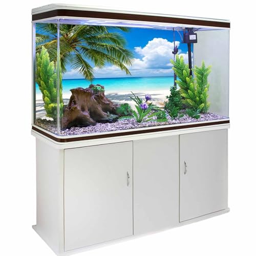 Summer Beach Aquarium Background 24x48 Inch Self-Adhesive Fish Tank Decorations, Tropical Coastal Palm Tree Starfish Conch Decorative Fish Tank Background Polyester Aquarium Decor Poster - size: 24x48in