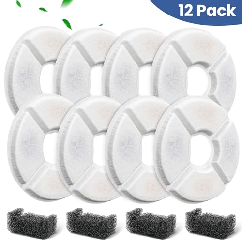 12 Pack Cat Water Fountain Filter, 8 Pcs Cat Fountain Filters Replacement Dia is 5" & 4 Pcs Pre-Filter Sponges for 81oz / 2.4L Round Automatic Pet Water Fountain Dog Dispenser, 3-Filtration System