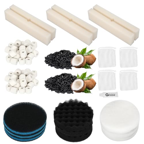 24 PCS Fx6 Aquarium Media Kits, Compatible with Fluval FX4/FX5/FX6 Canister Filters, Including Bio-Foam Block, Carbon Sponge Filter, Ceramic Ring, Silicone Lubricant, Activated Carbon, Mesh Bag