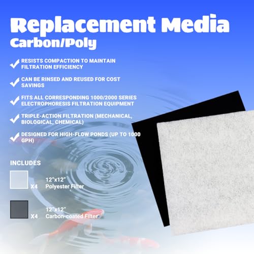 Replacement Filter Pads for Pondmaster 1000 & 2000 Polyester & Carbon Filtration Pads Compatible with Danner 12202, 12"x12" Reusable Pond and Aquarium Filter Pads for Clear, Healthy Water, 4-Pcs