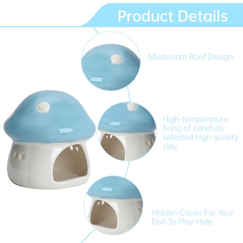 AnRui Ceramic Mushroom Aquarium Decor Cute House Betta Fish Tank Accessories Decoration Hideout Cave for Small Fish, Shrimp, Goldfish and Reptiles, Easy to Clean (Blue, Small) - color: Blue, size: Small