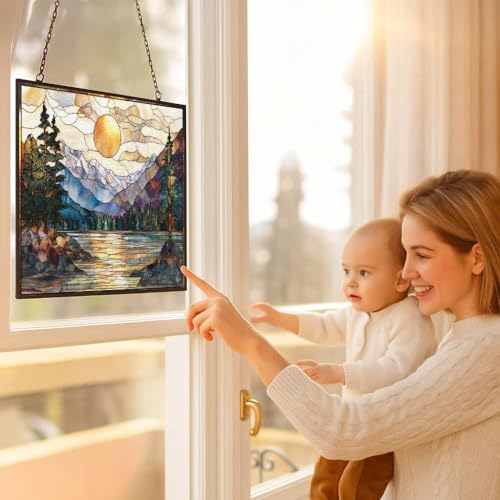 Rectangle Sunset Mountains Lake Tree Stained Glass Sun Catcher Mountain Stained Glass Window Hanging, Suncatchers Lavender Wall Decor, for Women/Friends/Lover - color: Sunset Mountains Lake Tree, size: 15x11 IN