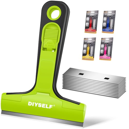DIYSELF 1 Pack Razor Blade Scraper with 10 Extra Razor Blades, Scraper Tool, Glass Scraper for Cleaning, Glass Stove Top Scraper, Window Scraper, Paint, Cooktop, Oven Scraper, Razor Scraper Tool - color: Green, size: 10PCS Metal Blades