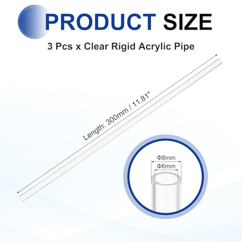 uxcell 3Pcs Clear Rigid Acrylic Pipe, 6mm (0.24") ID x 8mm(0.31") OD 300mm(12") Length Plastic Round Tube PMMA Tubing for Plumbing Lighting Aquarium Tube Water Cooling System - size: 6mm (0.24") ID x 8mm(0.31") OD x 300mm(12") L