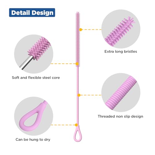 YOTIME Silicone Straw Cleaner Brush, 2Pcs Reusable Straw Brush Extra Long for Cleaning Tumbler with Handle and Glass Metal Smoothie Straws, Non-slip Handle Soft and Bendable, 6mm+9mm, Pink - color: Pink