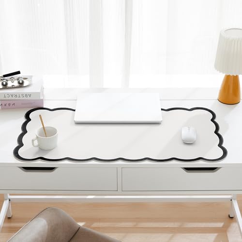Scalloped Desk Mat, 31.5" x 15.7" Large Cute Aesthetic Desk Accessories, PU Leather Computer Laptop Desk Mouse Keyboard Pad, Desk Writing Mat for Vanity/Work/Home Decor (Black, 31.5" x 15.7") - color: Black, size: 31.5" x 15.7"