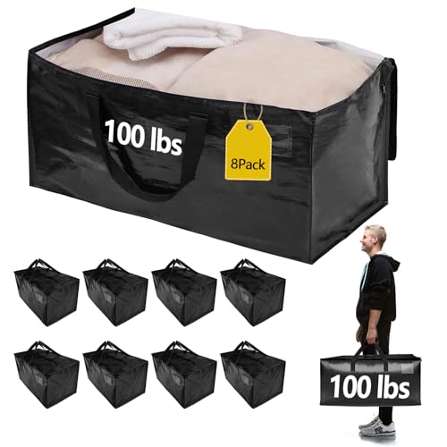 8 Pack Waterproof Moving Bags with Strong Zippers and Reinforced Handles, Real 100lb Capacity Extra Heavy Duty Large Storage Totes for Packing & Moving Storing, Alternative to Moving Boxes -95L,Black - color: Black, size: 8 Pack