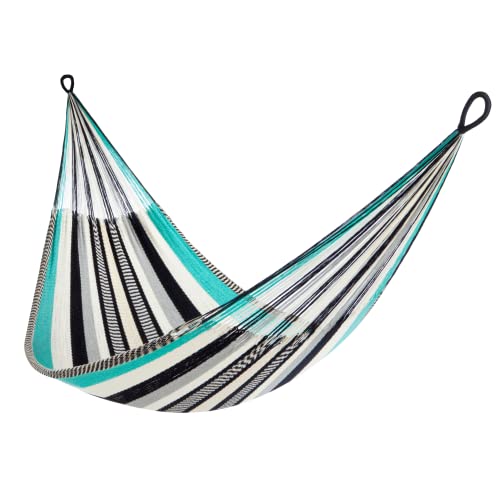 Handwoven Hammock by Yellow Leaf Hammocks - Double Size, Fits 1-2 PPL, 400lb max - Weathersafe, Super Strong, Easy to Hang, Ultra Soft, Artisan Made - Color: Turquoise - Black -White - color: Zanzibar- Turquoise, Black and White, size: Fits 1-2 People (40