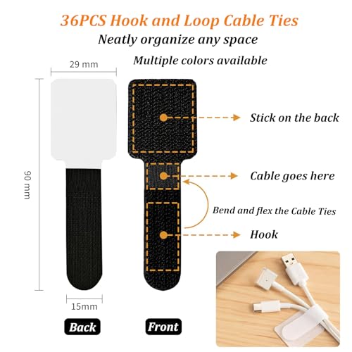 36PCS Cable Organizer Hook and Loop Cable Ties, Self Adhesive Hook and Loop Cable Straps Sticky-Back Cable Management Cord Organizer Cable Clip for Household & Office Essentials (Black*36) - color: Black*36