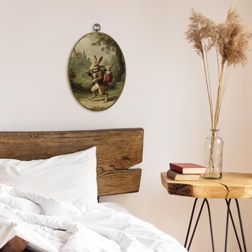 XFCICRLJ Vintage Easter Bunny Nursery Wall Art Decor, Antique Traveling Rabbit Oval Canvas Prints Framed, Rustic Bunny Rabbit Animal Wall Art Decorations for Kids Girls Boys Nursery Room Decor, 11x8.5 Inch 016-MH-TYH - color: bunny