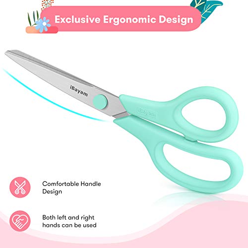 Scissors, iBayam 8" All Purpose Scissors Bulk 3-Pack, Ultra Sharp 2.5mm Thick Blade Shears Comfort-Grip for Office Desk Accessories Sewing Fabric Home Craft School Supplies, Right/Left Handed - color: Yellow, Pink, Green, size: 3-Pack