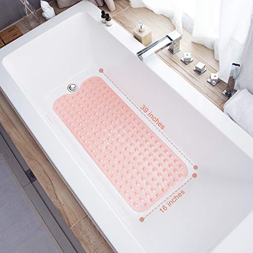 TEESHLY Bathtub Mats for Shower Tub, Extra Long Non-Slip 39 x 16 Inch Bath Mat with Drain Holes and Suction Cups, BathMat for Bathroom with Machine Washable (Clear Coral Pink) - color: Clear Coral Pink