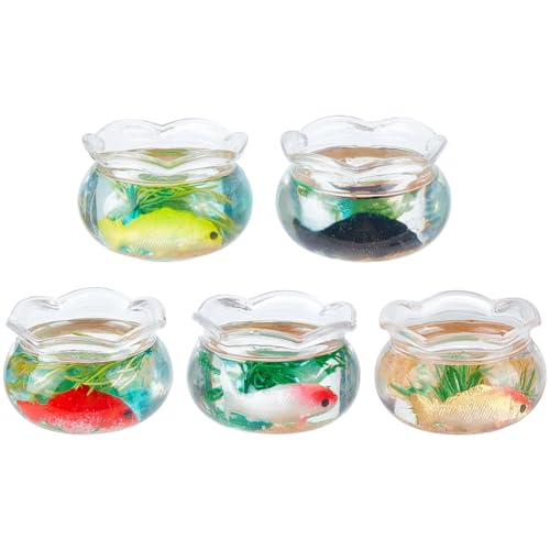 SUNNYCLUE 5Pcs 5 Styles Miniature Fish Tank Fish Bowl Plastic Simulated Round Goldfishes Grass Bowls Tanks Mini Display Decorations Accessories for Desktops Garden Scene Decors DIY Crafts Adults