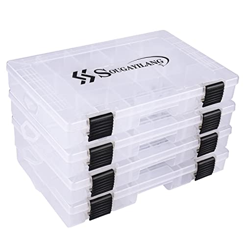 Sougayilang Fishing Tackle Boxes - 3600 3700 Plastic Storage Organizer Box with Removable Dividers - Fishing Tackle Storage - 4 Packs Transparent Tackle Trays - color: Four 3700 (Tray Size: 14"x8.7"x1.8")