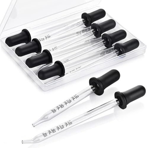 Herain 8 Pack Glass Pipette Eye Dropper, 4 Long Bent & 4 Short Straight Tips, 1 ml Ear Droppers for Essential Oils, Lab, Crafts, Measuring and Transferring a Variety of Liquids - style: Large Rubber Bulb-8pcs-Long Bent Short Straight
