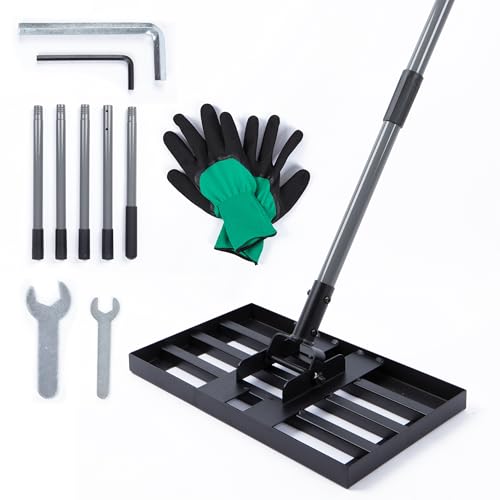 Lawn Leveling Rake with Work Gloves - Heavy-Duty Yard Leveling Rake - 17" X 10" Lawn Leveler Rake with 6.5ft Adjustable Pole - Quick to Assemble Rakes for Lawns and Garden