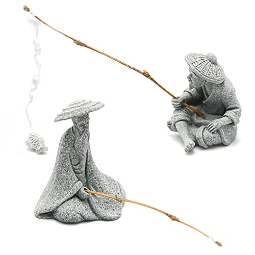 2PCS Mini Sitting Fishing Figurines Sandstone Vintage Ornament Japanese Decor for Fish Tank Pot Garden Home Aquarium Mini Fisherman Statue Asian Zen Decorations - size: Small Size