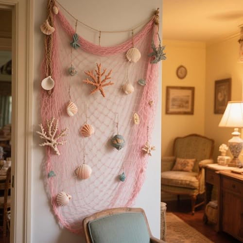 2 Pack Fish Net Decorations for Party,Natural Cotton Hawaiian Party Fishing Net Decorative, Nautical Themed Cotton Fishnet Under The Sea Pirate Ocean Beach Decor - color: 2pack-pink