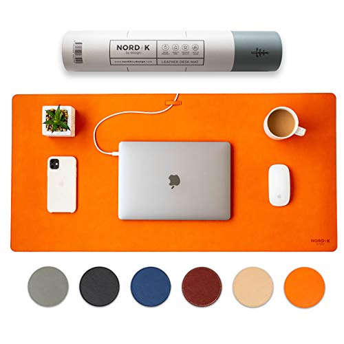 Nordik Leather Desk Mat Cable Organizer - Tangerine Orange 35 X 17 inch - Premium Extended Mouse Mat for Home Office Accessories - Non-Slip Vegan Leather Desk Pad Protector & Desk Blotter Pad - color: Tangerine Orange