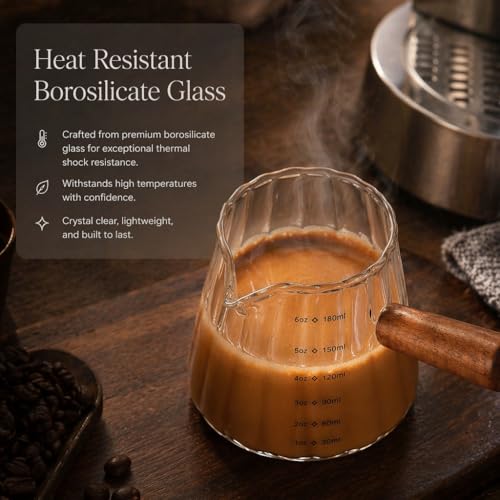 6 oz Espresso Cups - Glass Measuring Cups with Spout - Ribbed Small Creamer Pitcher- Expresso Shots Cup with Wood Handle for Coffee Milk, Dishwasher Safe (Transparent, 1 pack) - color: Transparent, size: 1 pack