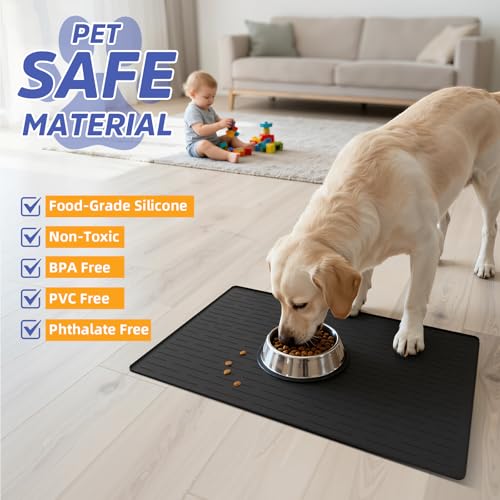 Large Dog Mats for Food and Water, 40"x30" Waterproof Pet Food Mats for Floor Nonslip Silicone Bowl Mats with Raised Edges - color: Black, size: 40"L x 30"W