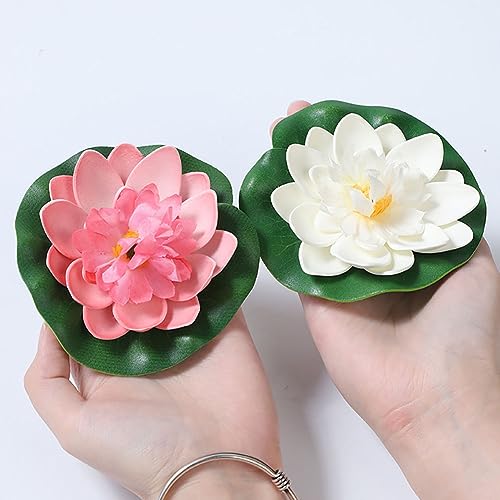 GSHLLO 6 Pcs Artificial Foam Lotus Faux Water Lily Flowers Floating Pond Plants Decoration Realistic Lotus Lily Pad Ornaments for Pool Aquarium White