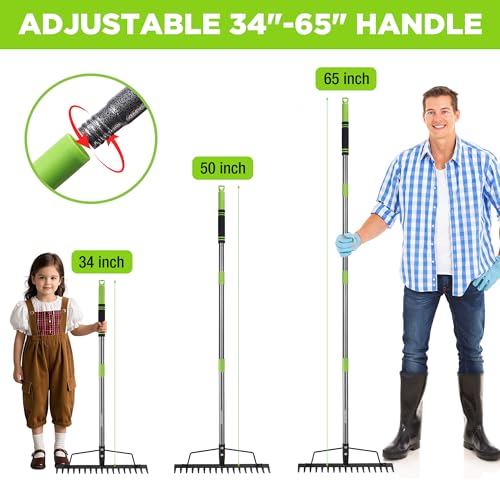 WORKPRO 65 Inch Bow Rake, 17 Tines Metal Head Rakes with High Strength Handle, Heavy Duty Garden Rake with Adjustable Handle for for Loosening Soil, Gathering Leaf, Leveling Lawn, Farming Land