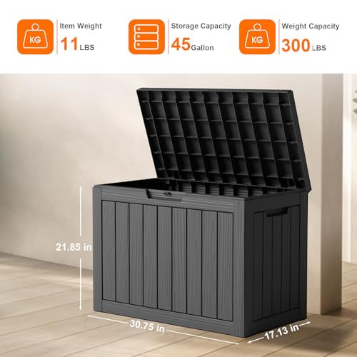 PatioZen 45 Gallon Resin Deck Box, Lockable Patio Outdoor Storage Box for Furniture, Garden Tools and Tools Storage, Waterproof Outside Storage Boxes - Black - color: Black, size: 45 Gallon