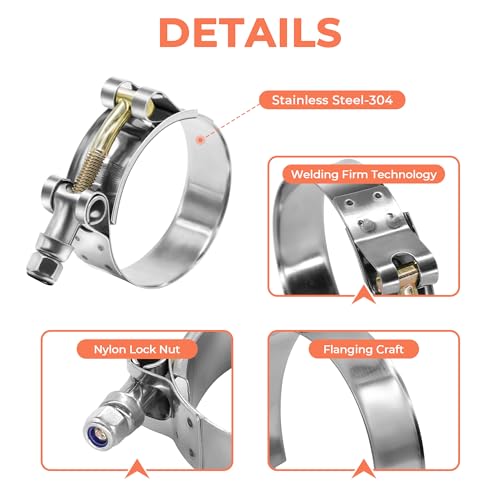 2 Pack 2.25" T-Bolt Hose Clamps, 304 Stainless Steel Turbo Intake Clamp, Working Range 2.48"-2.80"(63mm-71mm) for 2.25" I.D. Hose with 5mm Wall Thickness.(Measure hose O.D. before buying) - size: 2.25" hose clamp 63mm-71mm (2.48"-2.79")