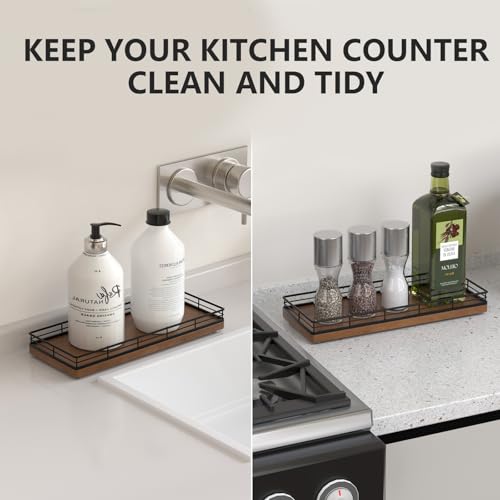 Bathroom Tray for Counter Top Organizer – Oak Wood Vanity Tray with Metal Frame for Dresser, Kitchen, Nightstand – Black & Brown Decorative Storage - color: Black & Brown, size: 11" x 4.5" x 1.5"