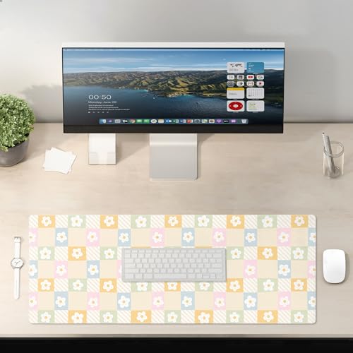 Cute Checkered Mouse Pad Large Desk Mat Extended Keyboard XL Mouse Pad Kawaii Mousepad with Non-Slip Base and Stitched Edge Daisy Mouse Mat Desk Pad 31.5 x 11.8 in Mouse Pads for Desk Home Office - color: Colorful Daisy Checkered