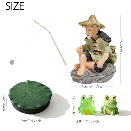 Floating Fish Tank Decorations, Mini Fisherman Aquarium Decor with Lotus Leaf and Fishing Rod, Floating Aquarium Ornaments with Interactive Feeder for Small Fish