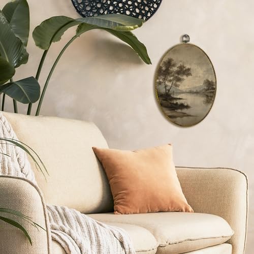 XFCICRLJ Vintage Antique Landscape Wall Art Decor, Rustic Farmhouse Oval Canvas Prints Framed, Neutral Country Lake Landscape Wall Art Decorations for Home Bedroom Living Room Decor, 11x8.5 Inch - color: Scenery